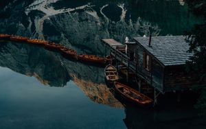 Preview wallpaper lake, mountains, pier, boats, nature