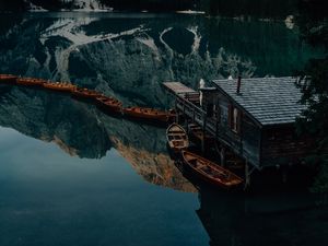 Preview wallpaper lake, mountains, pier, boats, nature