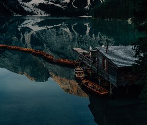 Preview wallpaper lake, mountains, pier, boats, nature