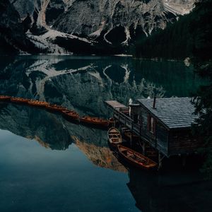 Preview wallpaper lake, mountains, pier, boats, nature