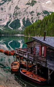 Preview wallpaper lake, mountains, pier, boats, landscape