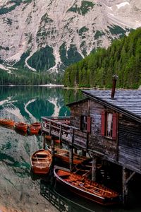 Preview wallpaper lake, mountains, pier, boats, landscape