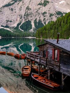 Preview wallpaper lake, mountains, pier, boats, landscape