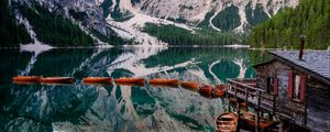 Preview wallpaper lake, mountains, pier, boats, landscape