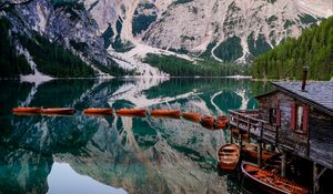 Preview wallpaper lake, mountains, pier, boats, landscape