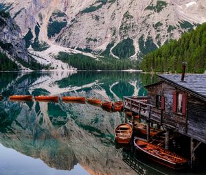 Preview wallpaper lake, mountains, pier, boats, landscape