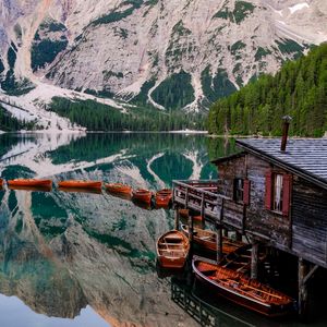 Preview wallpaper lake, mountains, pier, boats, landscape