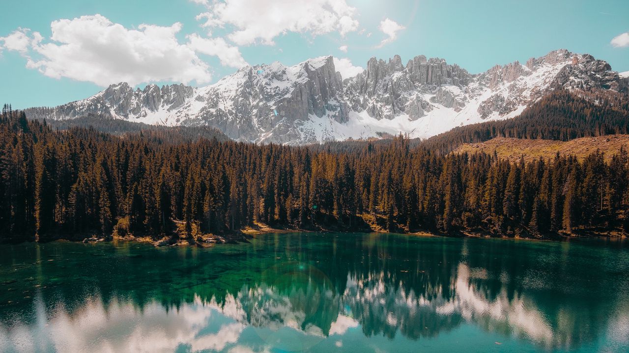 Wallpaper lake, mountains, reflection, trees, landscape, sky