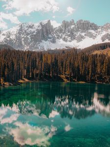 Preview wallpaper lake, mountains, reflection, trees, landscape, sky