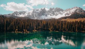 Preview wallpaper lake, mountains, reflection, trees, landscape, sky