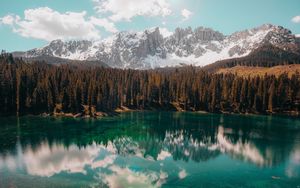 Preview wallpaper lake, mountains, reflection, trees, landscape, sky