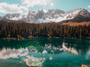 Preview wallpaper lake, mountains, reflection, trees, landscape, sky