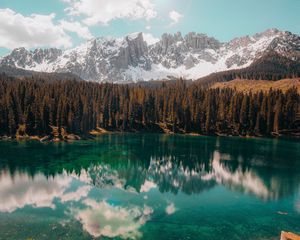 Preview wallpaper lake, mountains, reflection, trees, landscape, sky