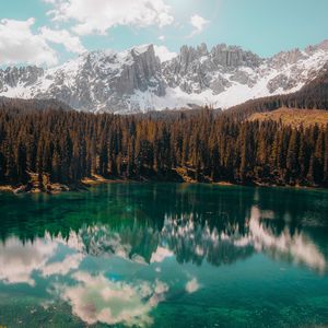 Preview wallpaper lake, mountains, reflection, trees, landscape, sky
