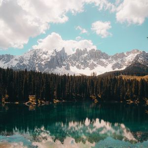 Preview wallpaper lake, mountains, reflection, sky, clouds