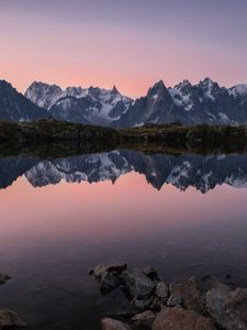 Preview wallpaper lake, mountains, reflection, dusk, landscape