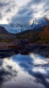 Preview wallpaper lake, mountains, reflection, mirror, tree, orange, twilight