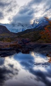 Preview wallpaper lake, mountains, reflection, mirror, tree, orange, twilight