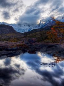 Preview wallpaper lake, mountains, reflection, mirror, tree, orange, twilight