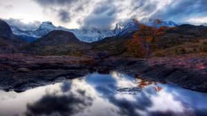 Preview wallpaper lake, mountains, reflection, mirror, tree, orange, twilight