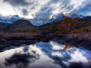 Preview wallpaper lake, mountains, reflection, mirror, tree, orange, twilight