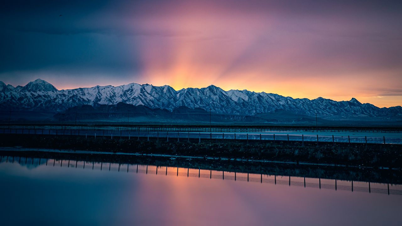 Wallpaper lake, mountains, road, dusk, sunset