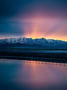 Preview wallpaper lake, mountains, road, dusk, sunset