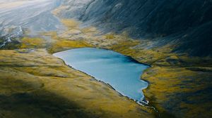 Preview wallpaper lake, mountains, rocks, relief, fog
