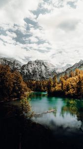 Preview wallpaper lake, mountains, rocks, snowy, trees