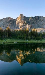 Preview wallpaper lake, mountains, rocks, trees, spruce