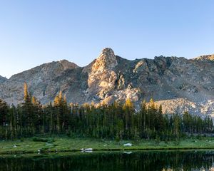 Preview wallpaper lake, mountains, rocks, trees, spruce