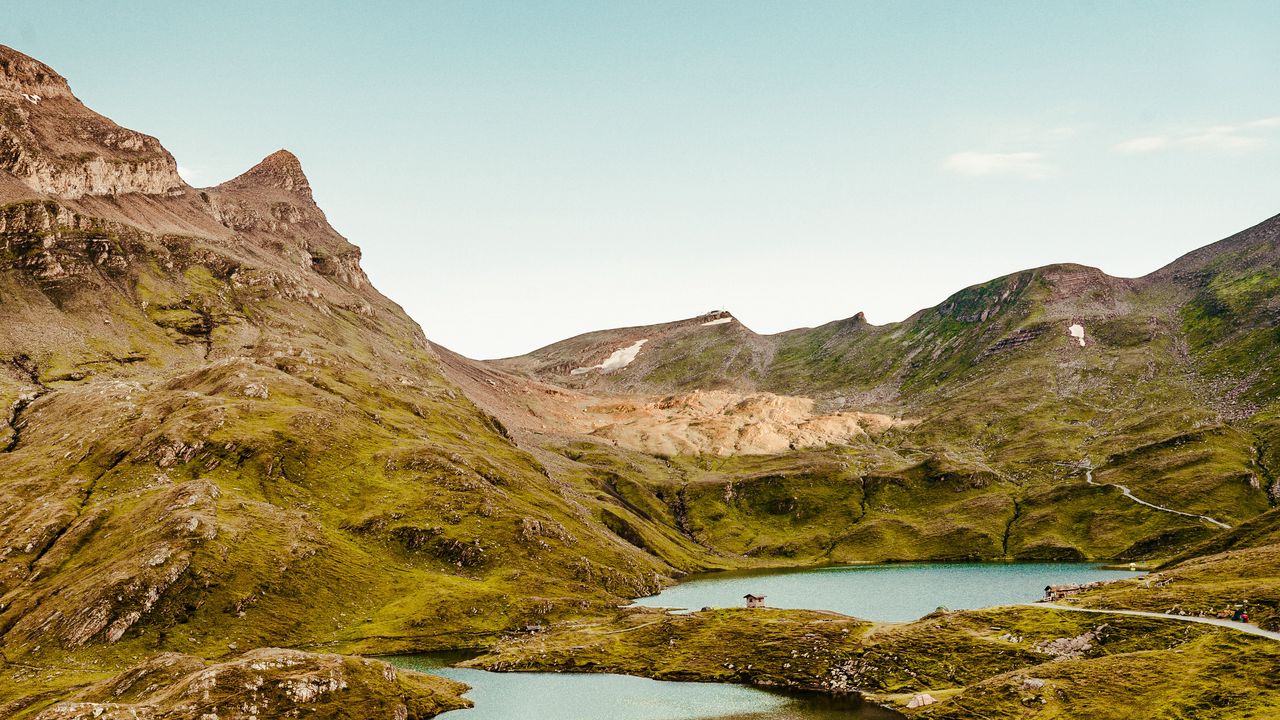Wallpaper lake, mountains, rocks, grass, sky