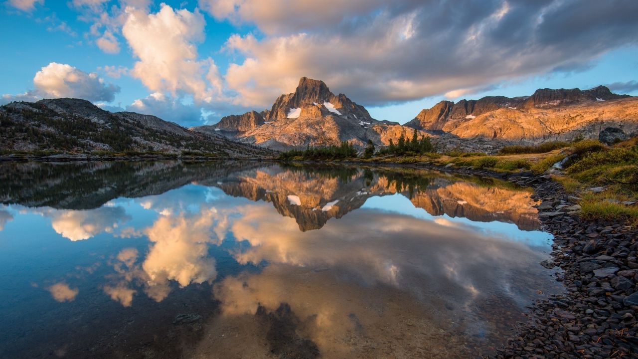 Wallpaper lake, mountains, rocks, sky, reflection