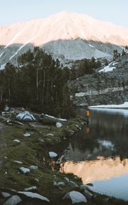 Preview wallpaper lake, mountains, shore, man, camping, nature