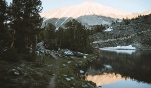 Preview wallpaper lake, mountains, shore, man, camping, nature