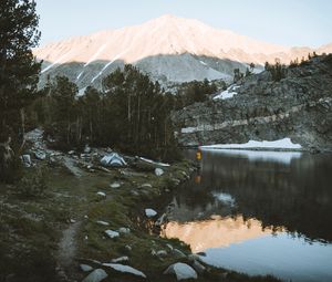 Preview wallpaper lake, mountains, shore, man, camping, nature