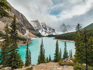 Preview wallpaper lake, mountains, shore, forest, landscape, valley