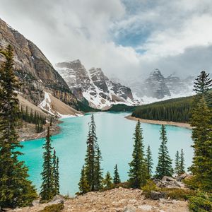 Preview wallpaper lake, mountains, shore, forest, landscape, valley