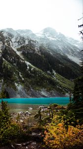 Preview wallpaper lake, mountains, slope, snowy, trees
