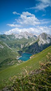 Preview wallpaper lake, mountains, slope, grass, nature