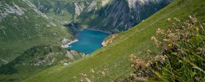 Preview wallpaper lake, mountains, slope, grass, nature