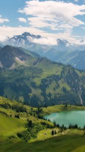 Preview wallpaper lake, mountains, slopes, hollow, meadows, trees, greens