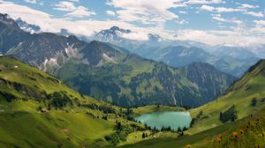 Preview wallpaper lake, mountains, slopes, hollow, meadows, trees, greens