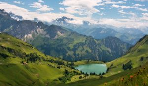 Preview wallpaper lake, mountains, slopes, hollow, meadows, trees, greens