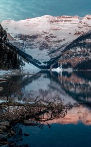 Preview wallpaper lake, mountains, snow, top, lake louise, canada