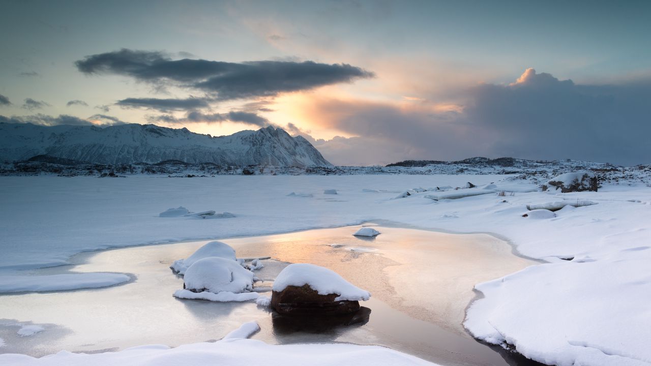 Wallpaper lake, mountains, snow, ice, winter