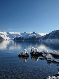 Preview wallpaper lake, mountains, snow, winter