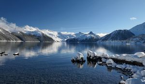 Preview wallpaper lake, mountains, snow, winter