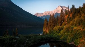 Preview wallpaper lake, mountains, spruce, trees, water