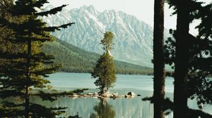 Preview wallpaper lake, mountains, spruce, slope